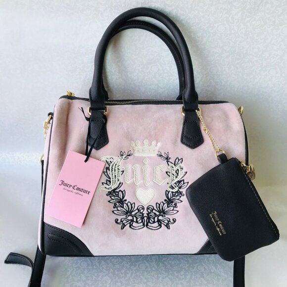 Juicy Couture  HERITAGE SATCHEL Velour and Faux leather w pouch Blush/ Chocol - Picture 1 of 13